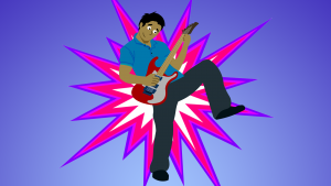 rockin Cartoon dude paying guitar with starburst behind