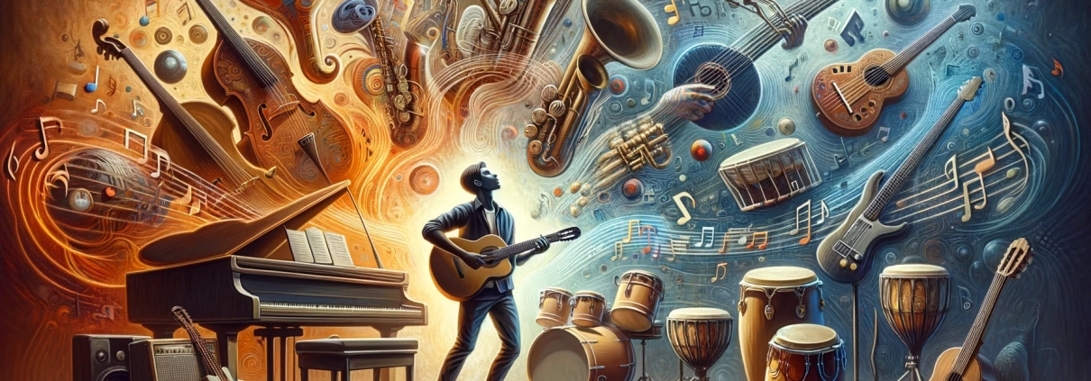 guitarist surrounded by instruments