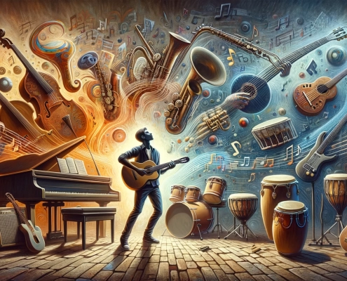 guitarist surrounded by instruments