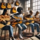 group of students strumming guitars