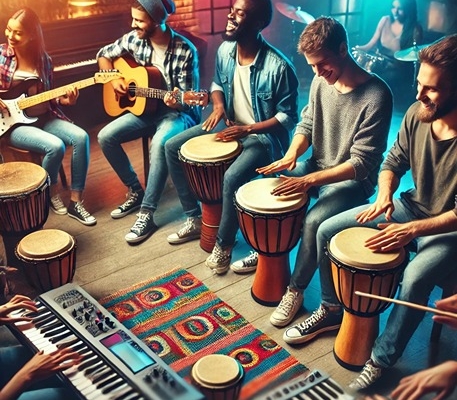 jam session with percussionists, guitarist, bassist, keyboardist etc