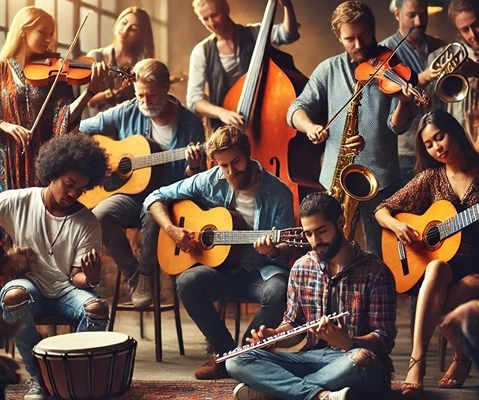 A diverse group of musicians including men and women of different races and backgrounds playing various instruments together in a warmly lit, inviting space.