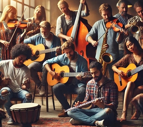 A diverse group of musicians including men and women of different races and backgrounds playing various instruments together in a warmly lit, inviting space.