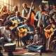 A diverse group of musicians including men and women of different races and backgrounds playing various instruments together in a warmly lit, inviting space.