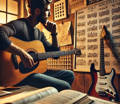 A detailed, inspirational image of a guitarist sitting in a warm, softly lit room surrounded by sheet music, scales, and chord diagrams.