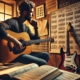A detailed, inspirational image of a guitarist sitting in a warm, softly lit room surrounded by sheet music, scales, and chord diagrams.