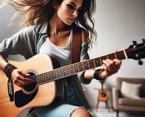 woman strumming guitar at faster tempos