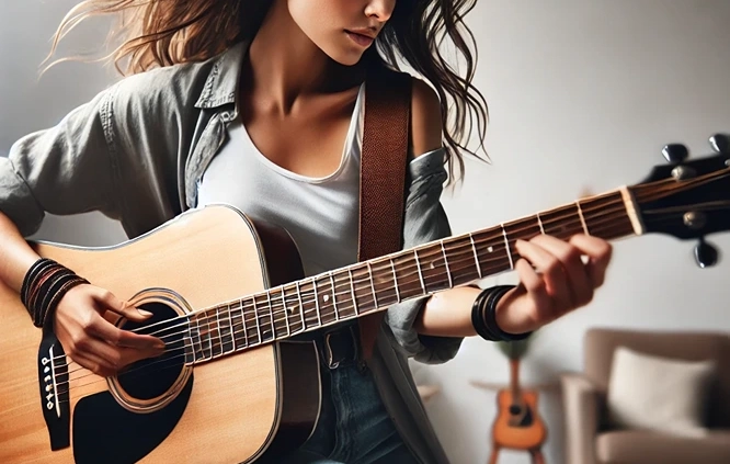 woman strumming guitar at faster tempos