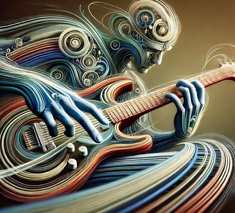 robotic figure using hybrid picking on guitar