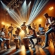 A powerful and engaging scene depicting the universality and dynamism of rhythm in music. Show a diverse group of musicians, including drummers, guitarists, etc.