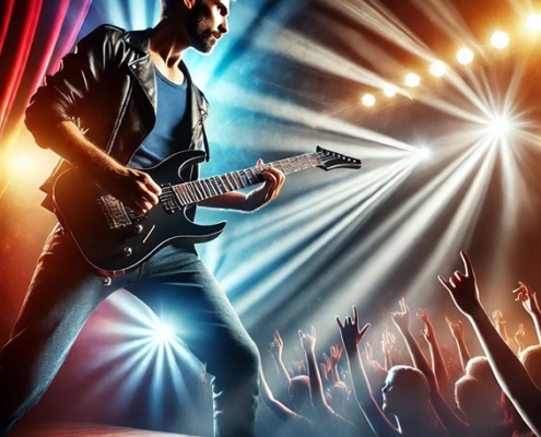 A realistic and dynamic image of a rock star performing on stage with an electric guitar, engaging with a cheering audience.