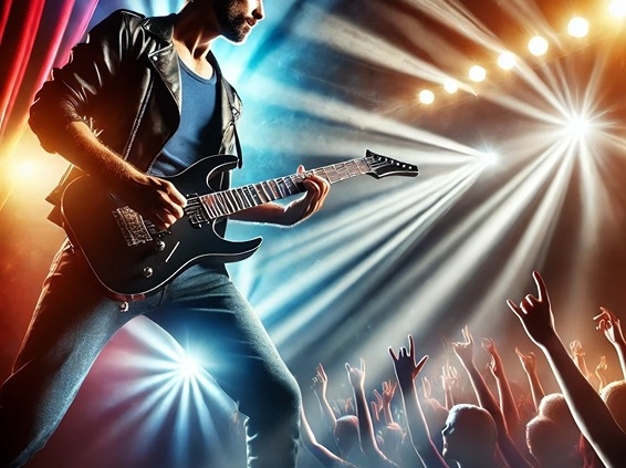A realistic and dynamic image of a rock star performing on stage with an electric guitar, engaging with a cheering audience.