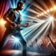 A realistic and dynamic image of a rock star performing on stage with an electric guitar, engaging with a cheering audience.