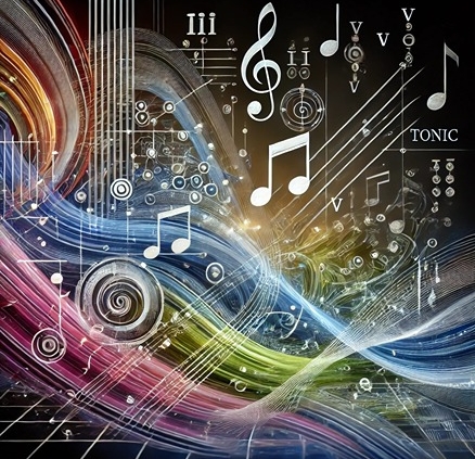 An educational and visually engaging abstract art piece illustrating the concept of music theory, focusing on the role of the iii chord in functional harmony.