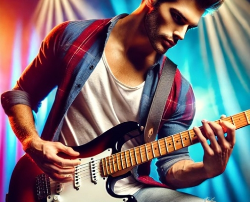 A charismatic and attractive male college student passionately playing an electric guitar in a vibrant and energetic setting.