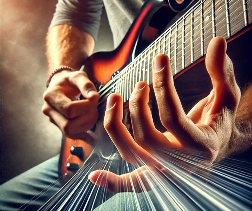 A skilled guitarist performing sweep picking on an electric guitar, focusing on the precision of their picking hand and fretting hand.