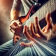 A skilled guitarist performing sweep picking on an electric guitar, focusing on the precision of their picking hand and fretting hand.