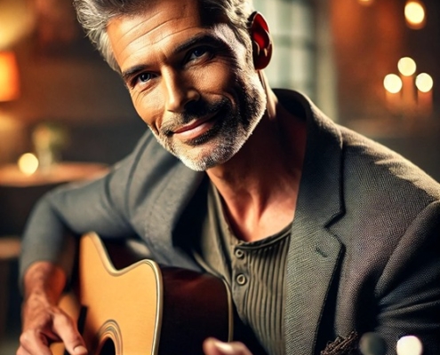 A charismatic and attractive man in his 60s playing a guitar passionately in an intimate setting.