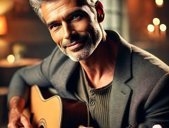 A charismatic and attractive man in his 60s playing a guitar passionately in an intimate setting.