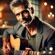 A charismatic and attractive man in his 60s playing a guitar passionately in an intimate setting.