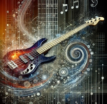An abstract digital artwork representing the concept of mastering the bass guitar fretboard.