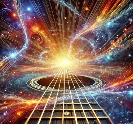 An abstract digital artwork representing the vast possibilities of guitar chords and harmony, featuring surreal, intertwined guitar fretboards glowing.