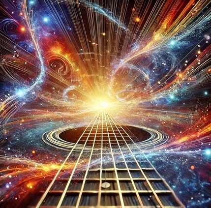 An abstract digital artwork representing the vast possibilities of guitar chords and harmony, featuring surreal, intertwined guitar fretboards glowing.