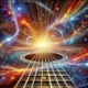 An abstract digital artwork representing the vast possibilities of guitar chords and harmony, featuring surreal, intertwined guitar fretboards glowing.