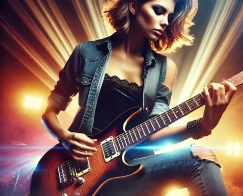 A stylish and confident female guitarist playing funk on an electric guitar with a dynamic posture, emphasizing groove and rhythm.