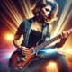 A stylish and confident female guitarist playing funk on an electric guitar with a dynamic posture, emphasizing groove and rhythm.