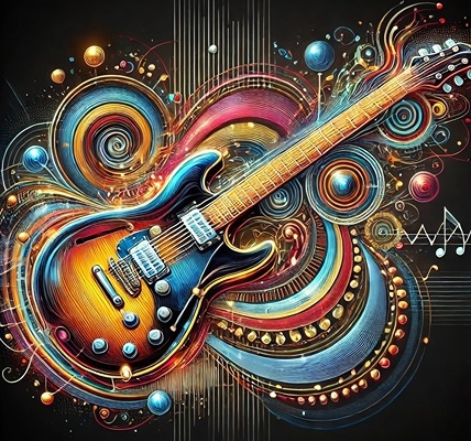A vibrant and detailed illustration of an electric guitar pulsating with rhythmic energy, surrounded by visual representations of groove.