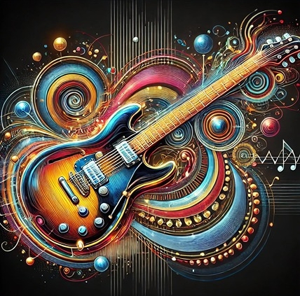 A vibrant and detailed illustration of an electric guitar pulsating with rhythmic energy, surrounded by visual representations of groove.