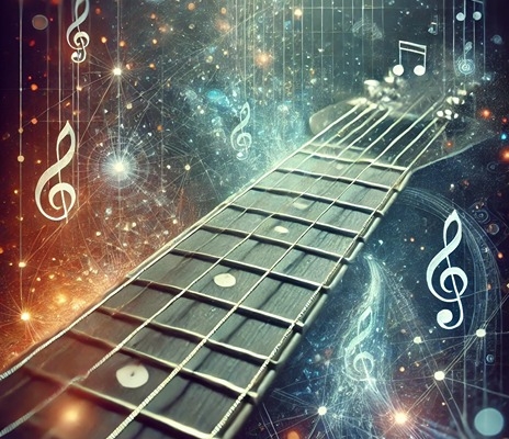 An abstract digital artwork representing the concept of mastering the guitar fretboard.