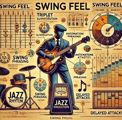 An educational illustration explaining swing feel in jazz rhythm.