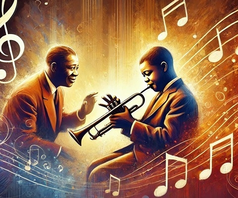 An expressive digital artwork depicting a young Louis Armstrong with his trumpet, receiving advice from Joe 'King' Oliver.