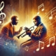 An expressive digital artwork depicting a young Louis Armstrong with his trumpet, receiving advice from Joe 'King' Oliver.