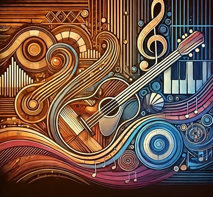 abstract drawing of African and European influences on modern guitar