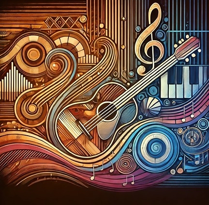 abstract drawing of African and European influences on modern guitar