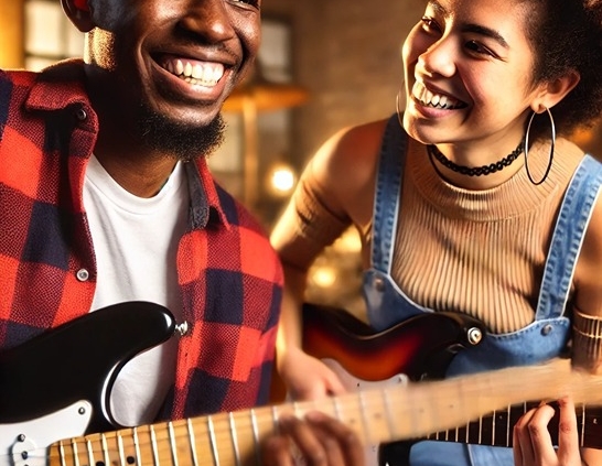 man and woman smiling playing electric guitars together
