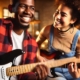 man and woman smiling playing electric guitars together