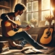 A realistic and heartfelt image of a person sitting in a cozy room, holding an acoustic guitar, deeply immersed in playing.