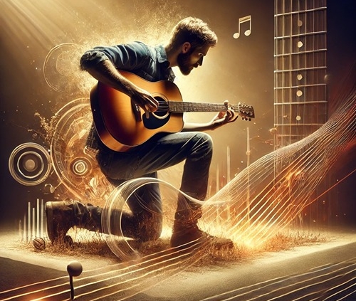 A visually engaging and artistic depiction of a guitarist experimenting with alternate tunings, playing on a well-lit stage.