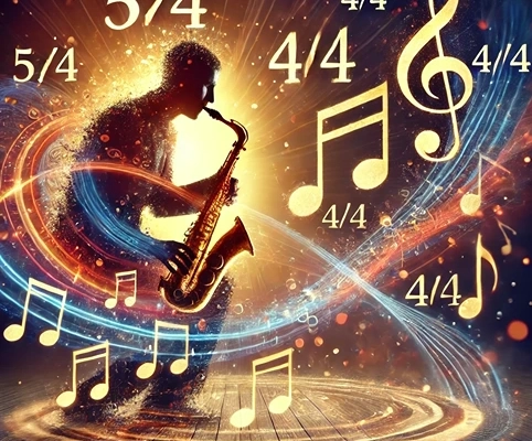 A dynamic and engaging image depicting the rhythmic interplay of 5_4 and 4_4 in jazz music. The visual includes a jazz musician performing.