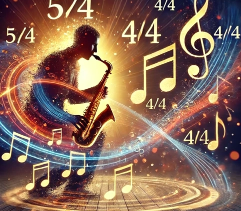 A dynamic and engaging image depicting the rhythmic interplay of 5_4 and 4_4 in jazz music. The visual includes a jazz musician performing.