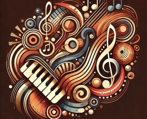 An abstract and vibrant illustration inspired by jazz music, featuring dynamic musical motifs like piano keys, swirling notes, and rhythmic patterns.