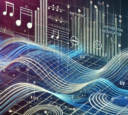 An abstract and visually engaging representation of metric modulation in music, showing rhythmic subdivisions and transitions.