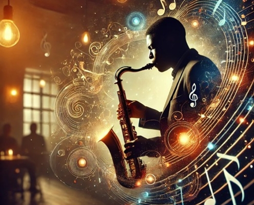 A visually engaging image depicting a jazz musician passionately playing a saxophone, inspired by John Coltrane's 'Giant Steps.'