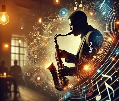 A visually engaging image depicting a jazz musician passionately playing a saxophone, inspired by John Coltrane's 'Giant Steps.'