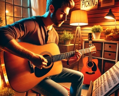 A vibrant, engaging image of a guitarist practicing alternate picking technique on an acoustic guitar in a cozy, well-lit practice space.