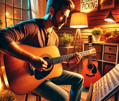 A vibrant, engaging image of a guitarist practicing alternate picking technique on an acoustic guitar in a cozy, well-lit practice space.